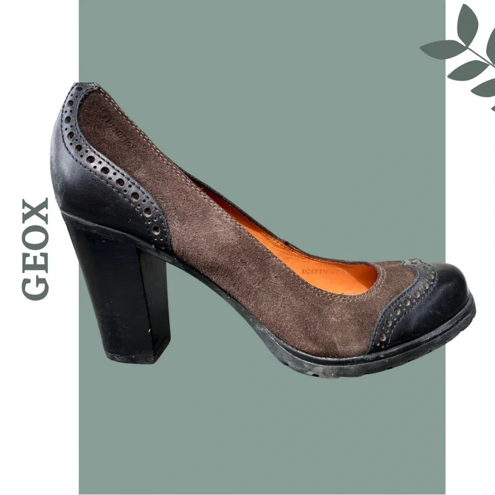Geox Respira Amphibiox Brown Leather/Suede Block Heel Mule Shoes Size 38
